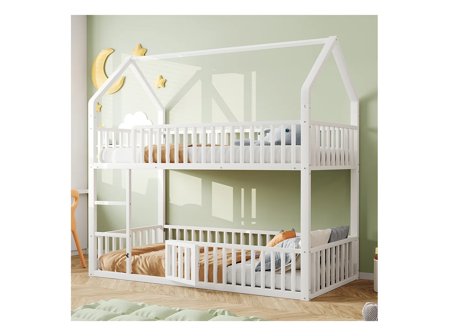 Lit superposés en métal pour enfant - 2 x 90 x 200 cm - avec escalier + porte - blanc