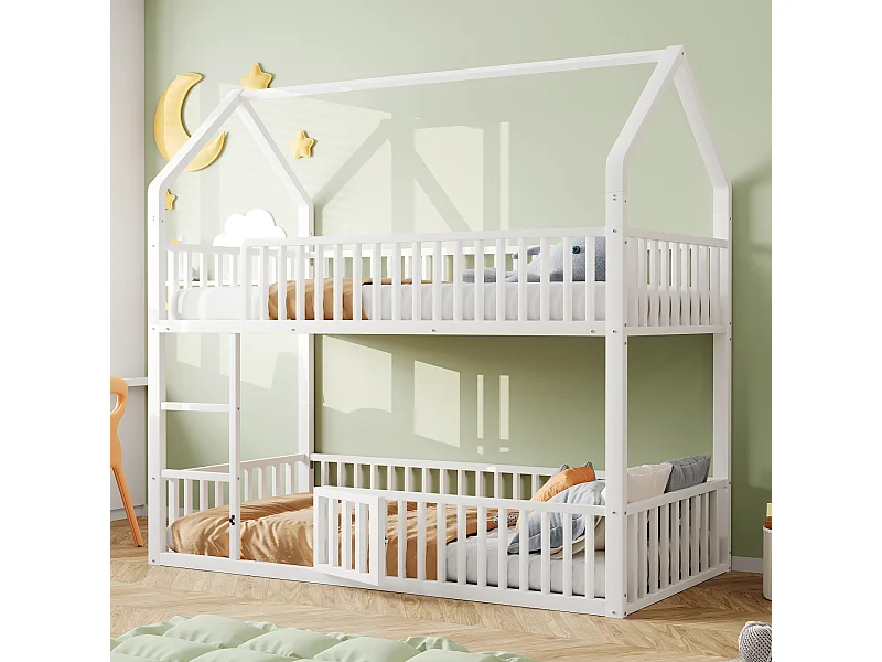 Kinderstapelbed van metaal - 2 x 90 x 200 cm - met trap + deur - wit