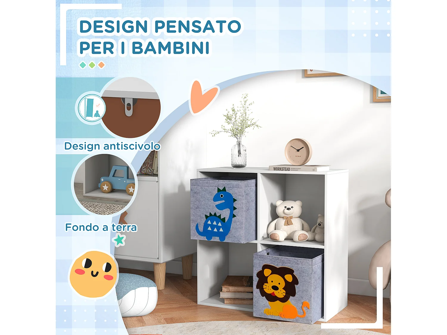 Scaffale portagiochi per bambini con 4 scomparti bianco