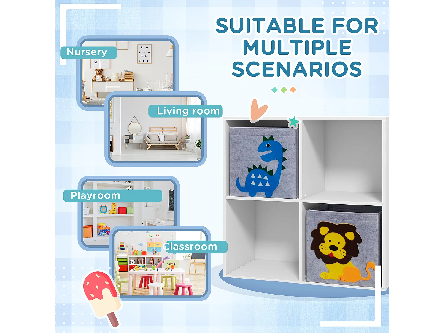 Scaffale portagiochi per bambini con 4 scomparti bianco