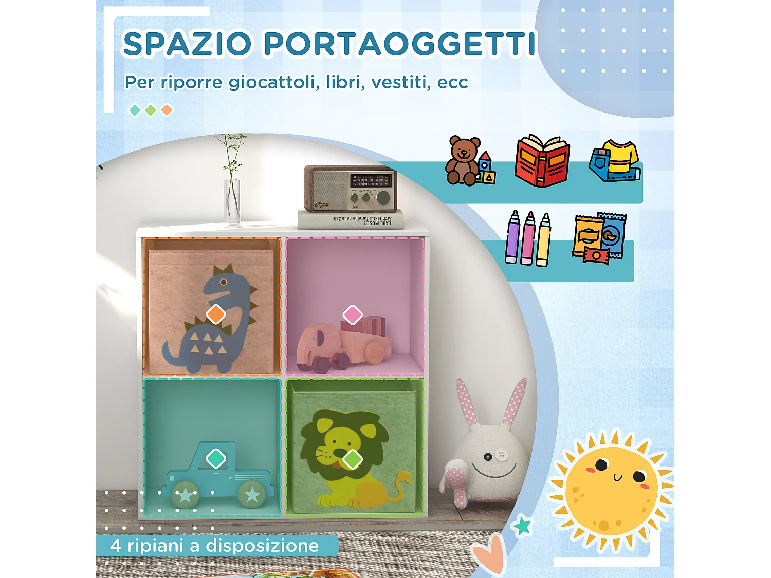 Scaffale portagiochi per bambini con 4 scomparti bianco