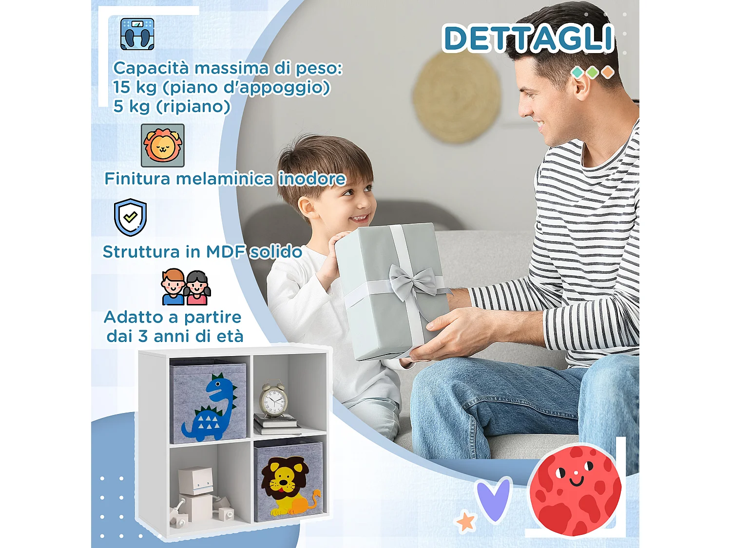 Scaffale portagiochi per bambini con 4 scomparti bianco