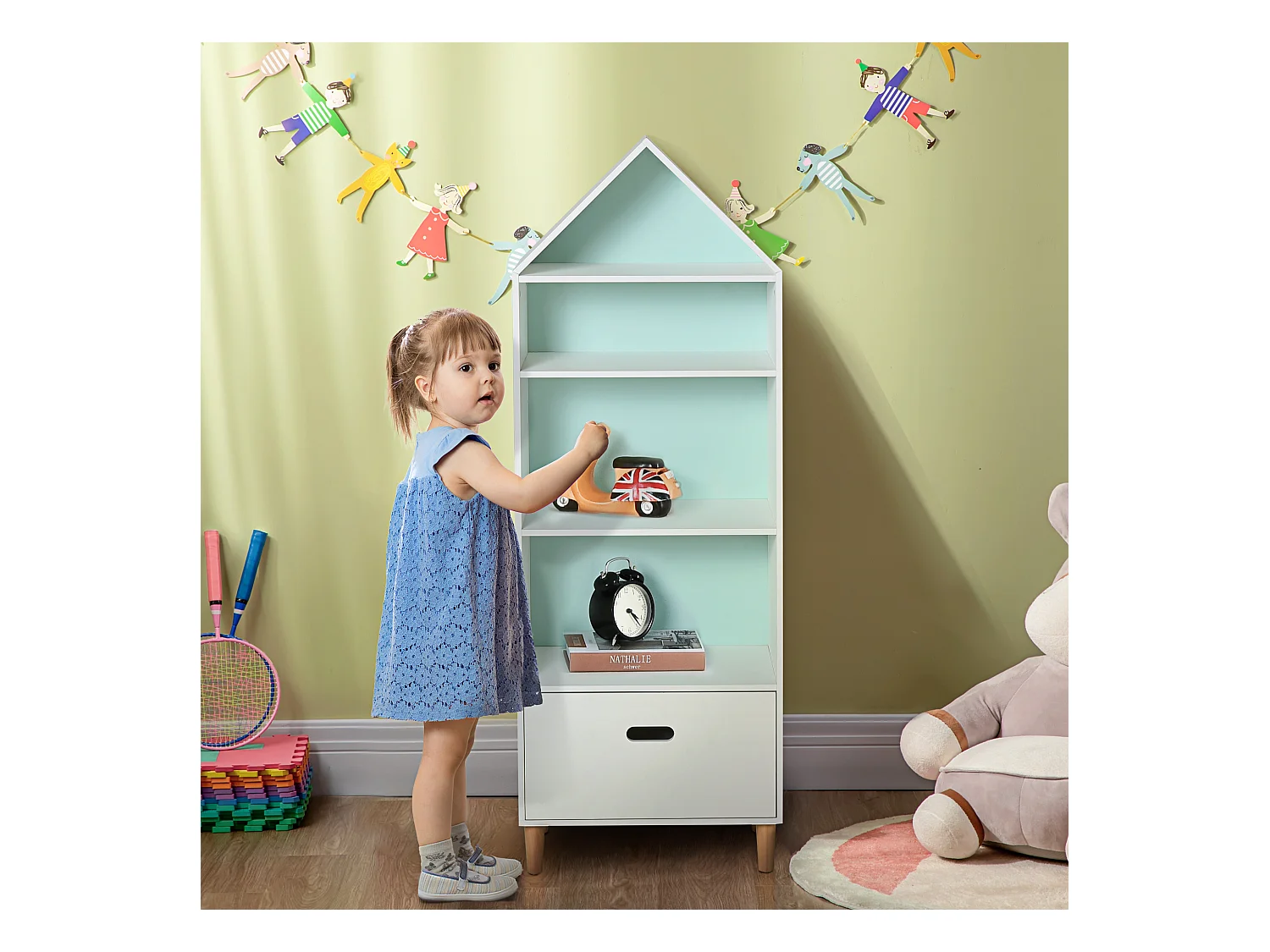 Libreria scaffale portagiochi per bimbi e ragazzi mdf bianca azzurra