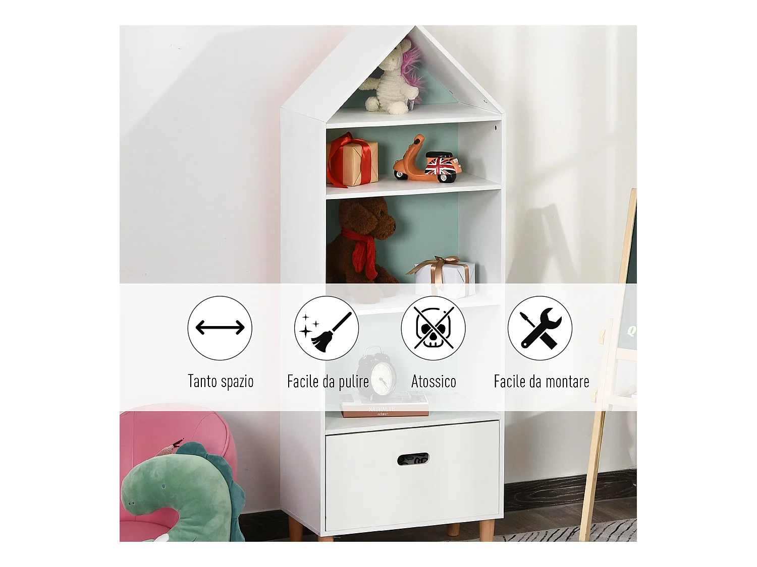 Libreria scaffale portagiochi per bimbi e ragazzi mdf bianca azzurra