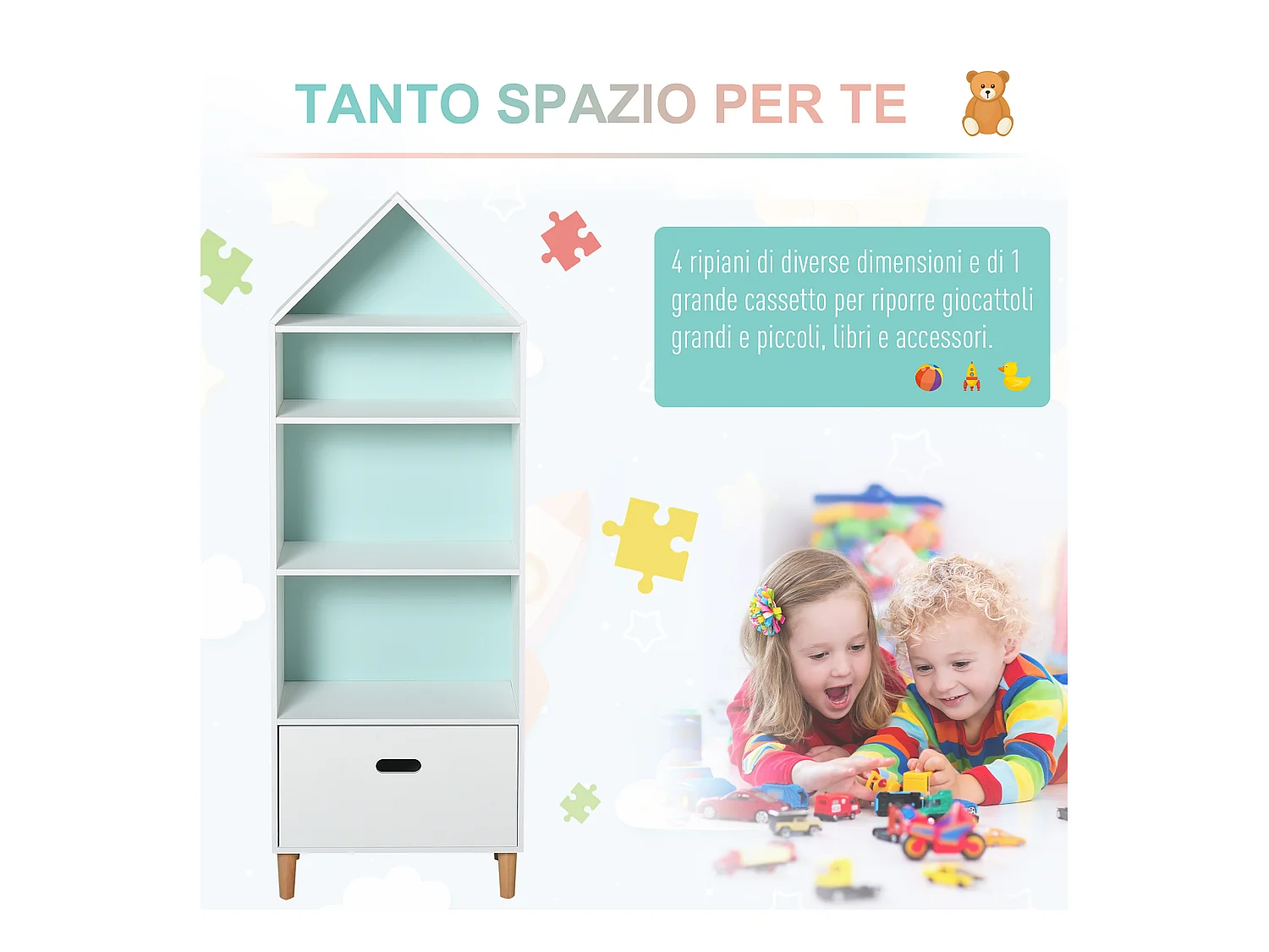 Libreria scaffale portagiochi per bimbi e ragazzi mdf bianca azzurra