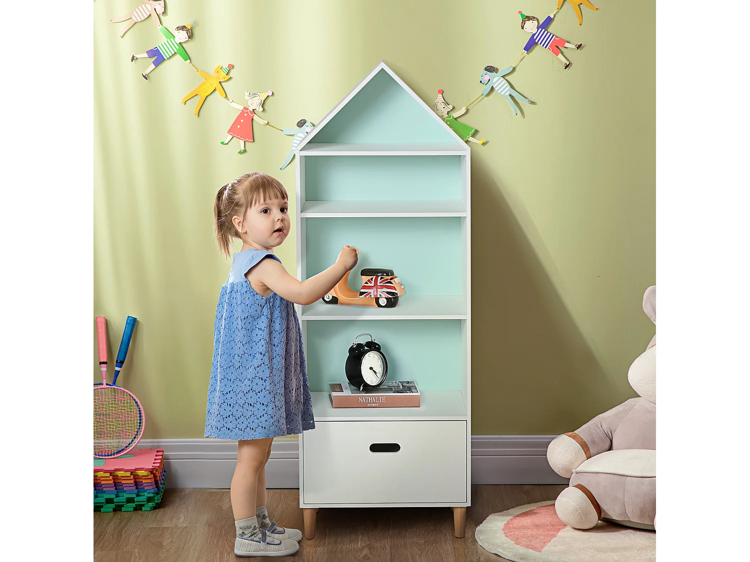 Libreria scaffale portagiochi per bimbi e ragazzi mdf bianca azzurra