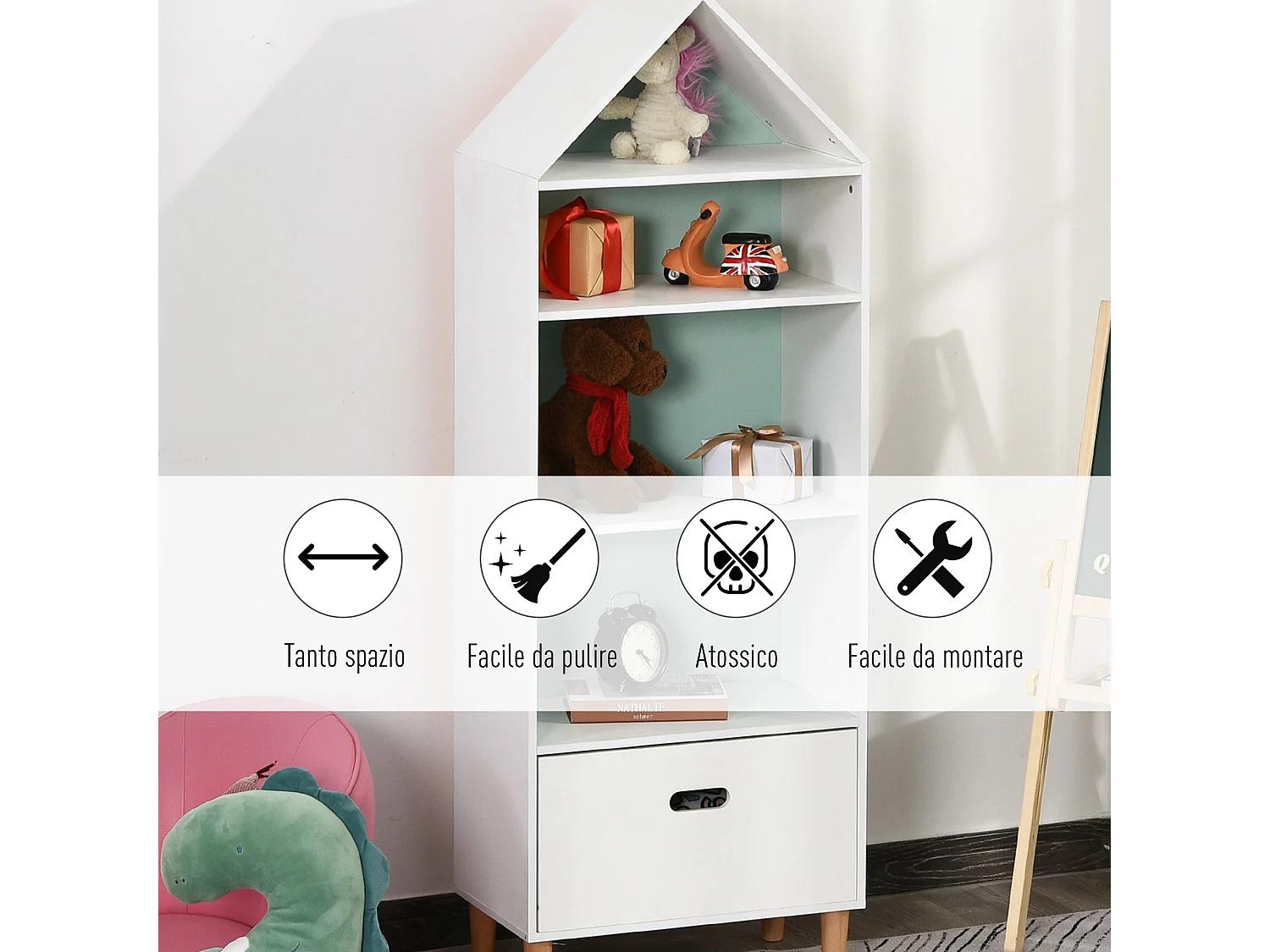 Libreria scaffale portagiochi per bimbi e ragazzi mdf bianca azzurra