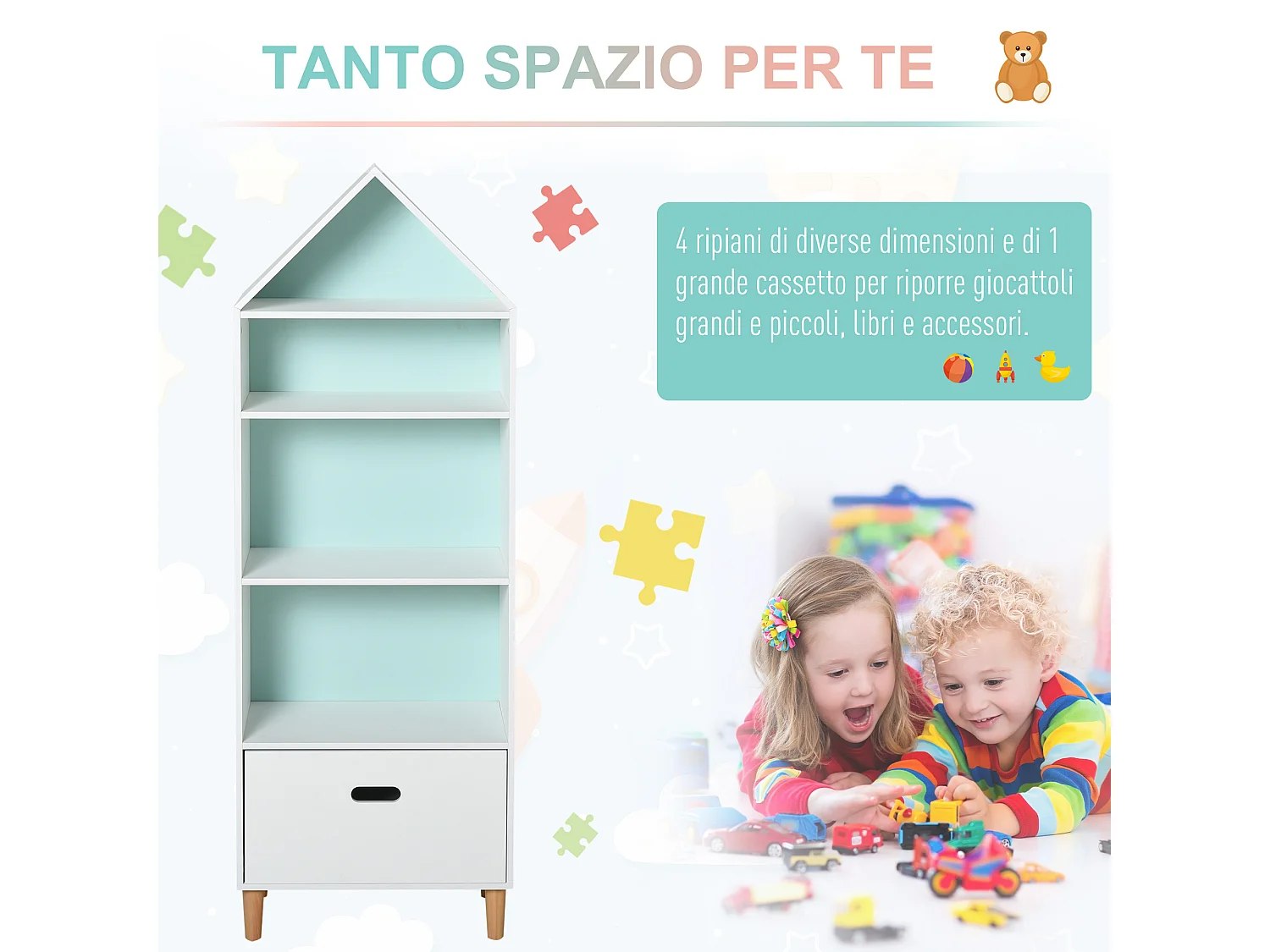 Libreria scaffale portagiochi per bimbi e ragazzi mdf bianca azzurra