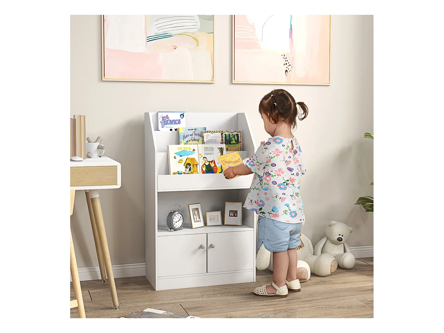 Scaffale portagiochi per bambini con armadietto legno bianco