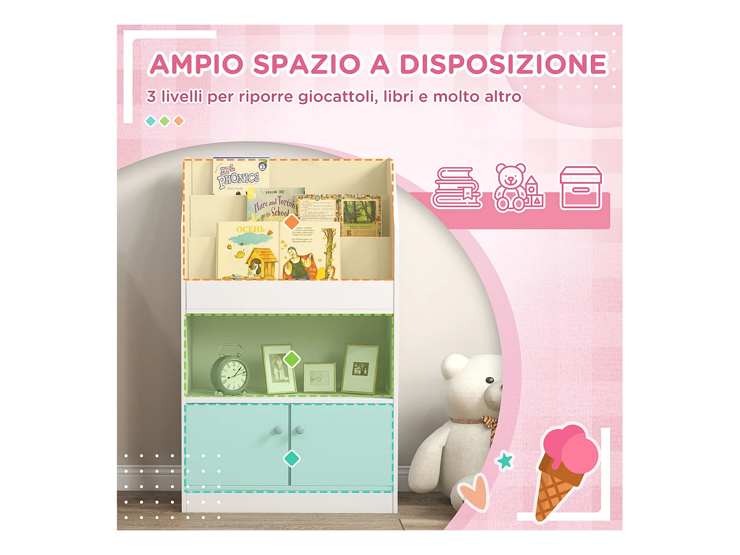 Scaffale portagiochi per bambini con armadietto legno bianco