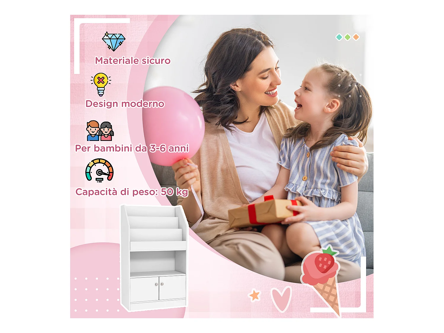 Scaffale portagiochi per bambini con armadietto legno bianco