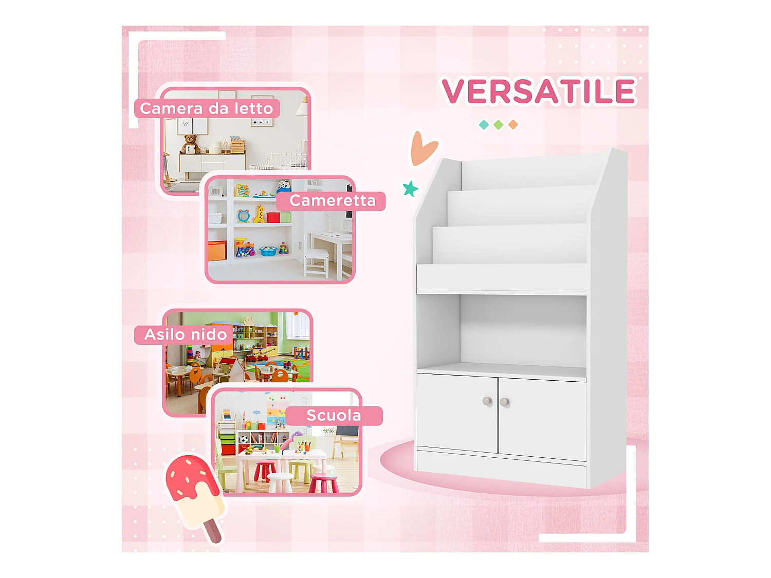 Scaffale portagiochi per bambini con armadietto legno bianco