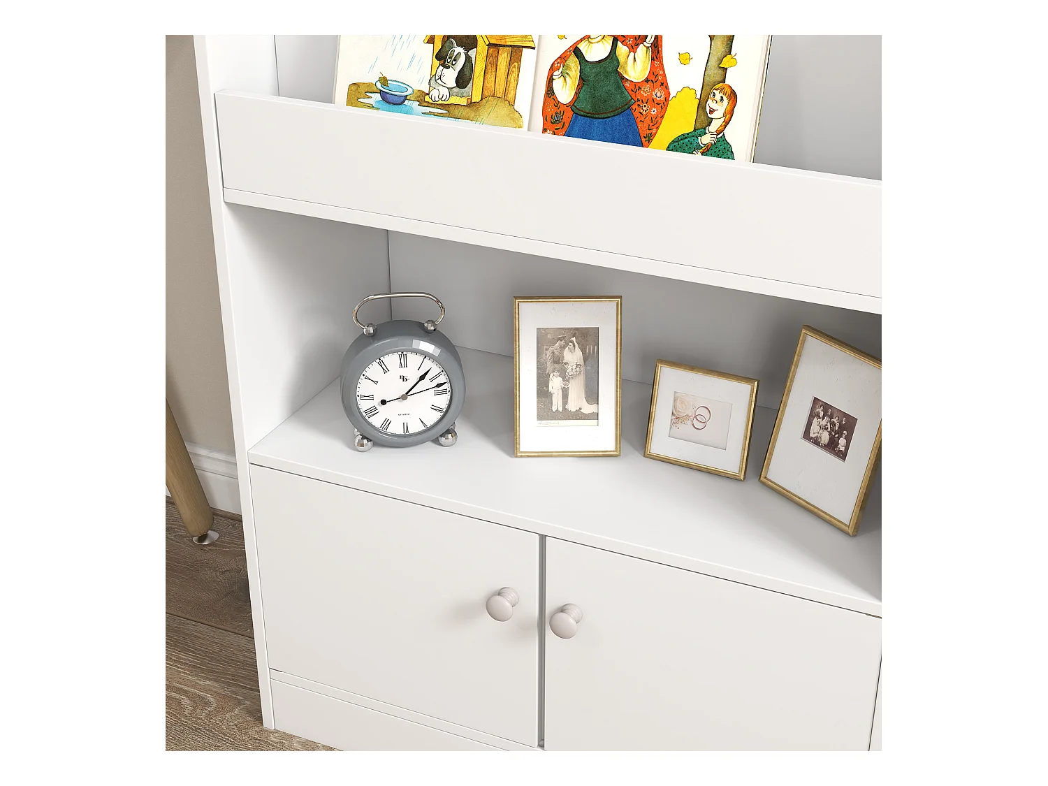 Scaffale portagiochi per bambini con armadietto legno bianco