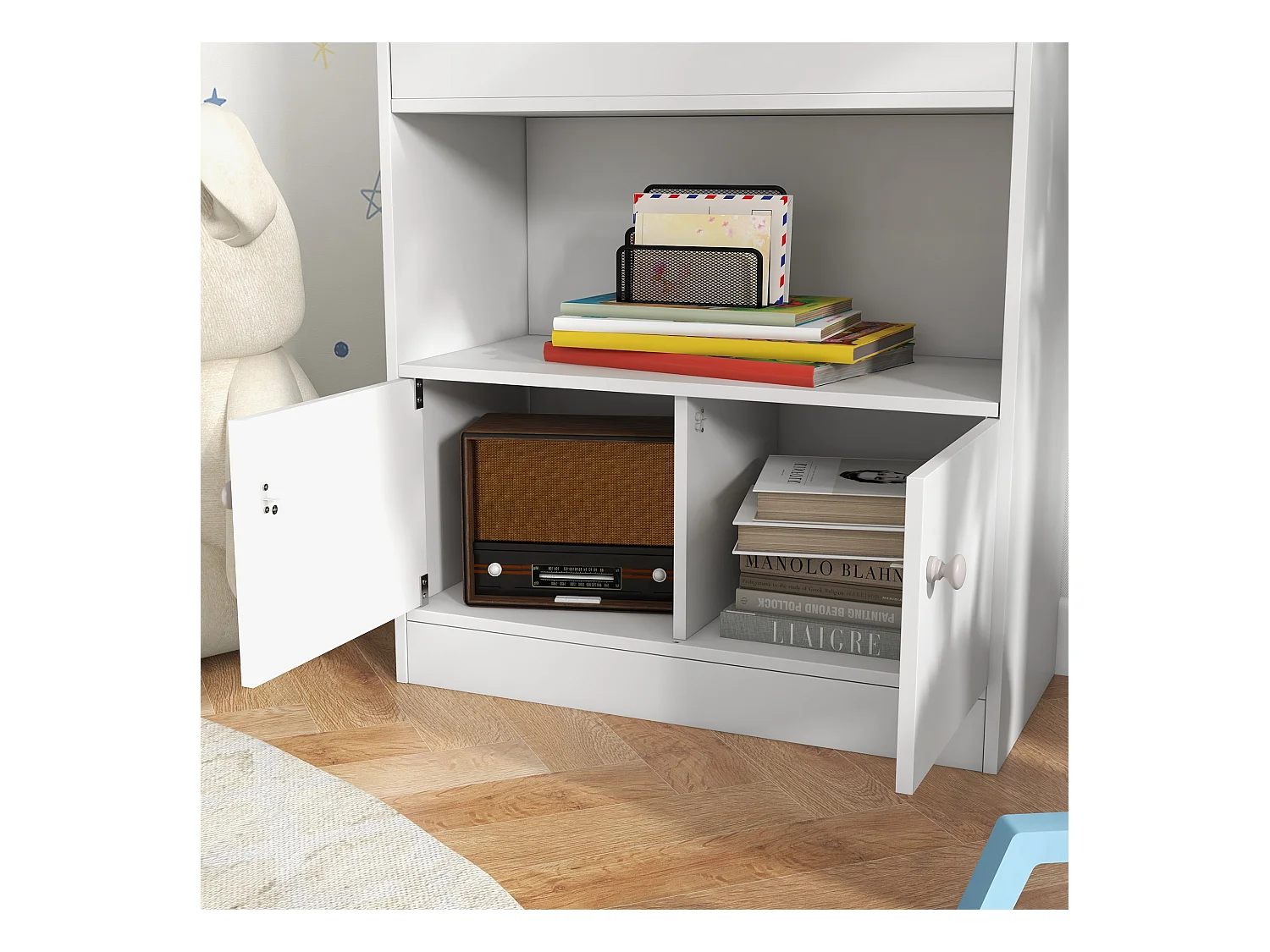 Scaffale portagiochi per bambini con armadietto legno bianco