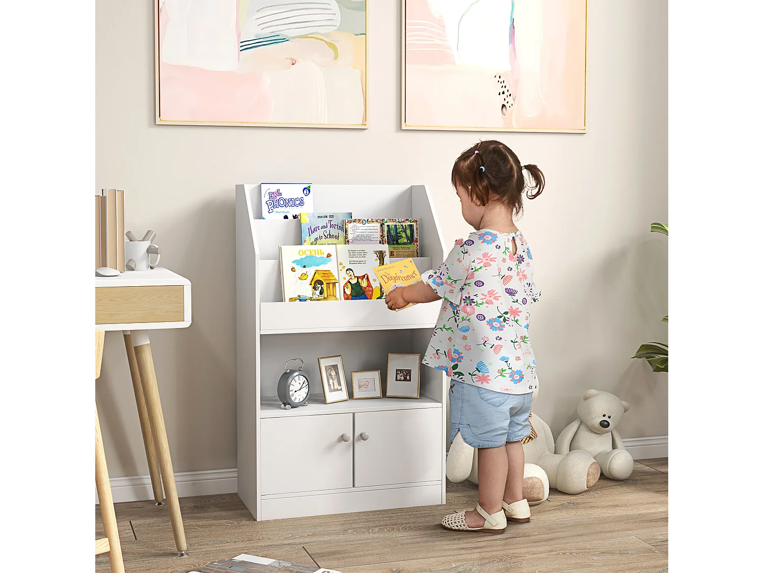 Scaffale portagiochi per bambini con armadietto legno bianco