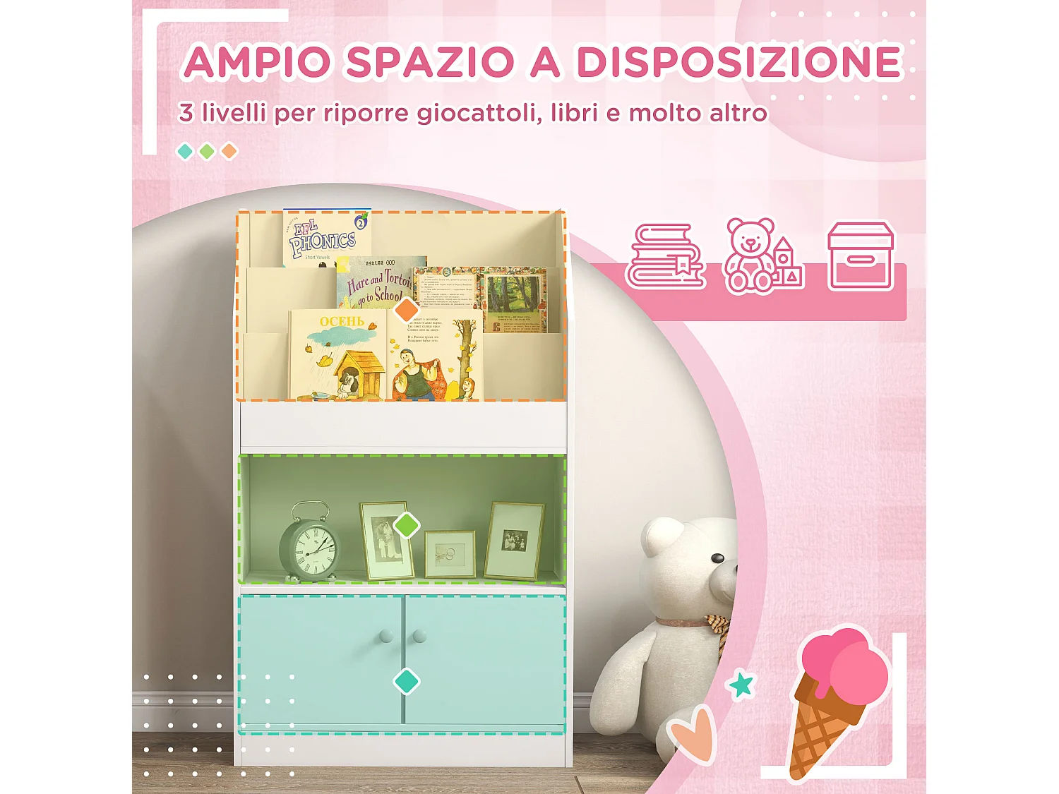 Scaffale portagiochi per bambini con armadietto legno bianco