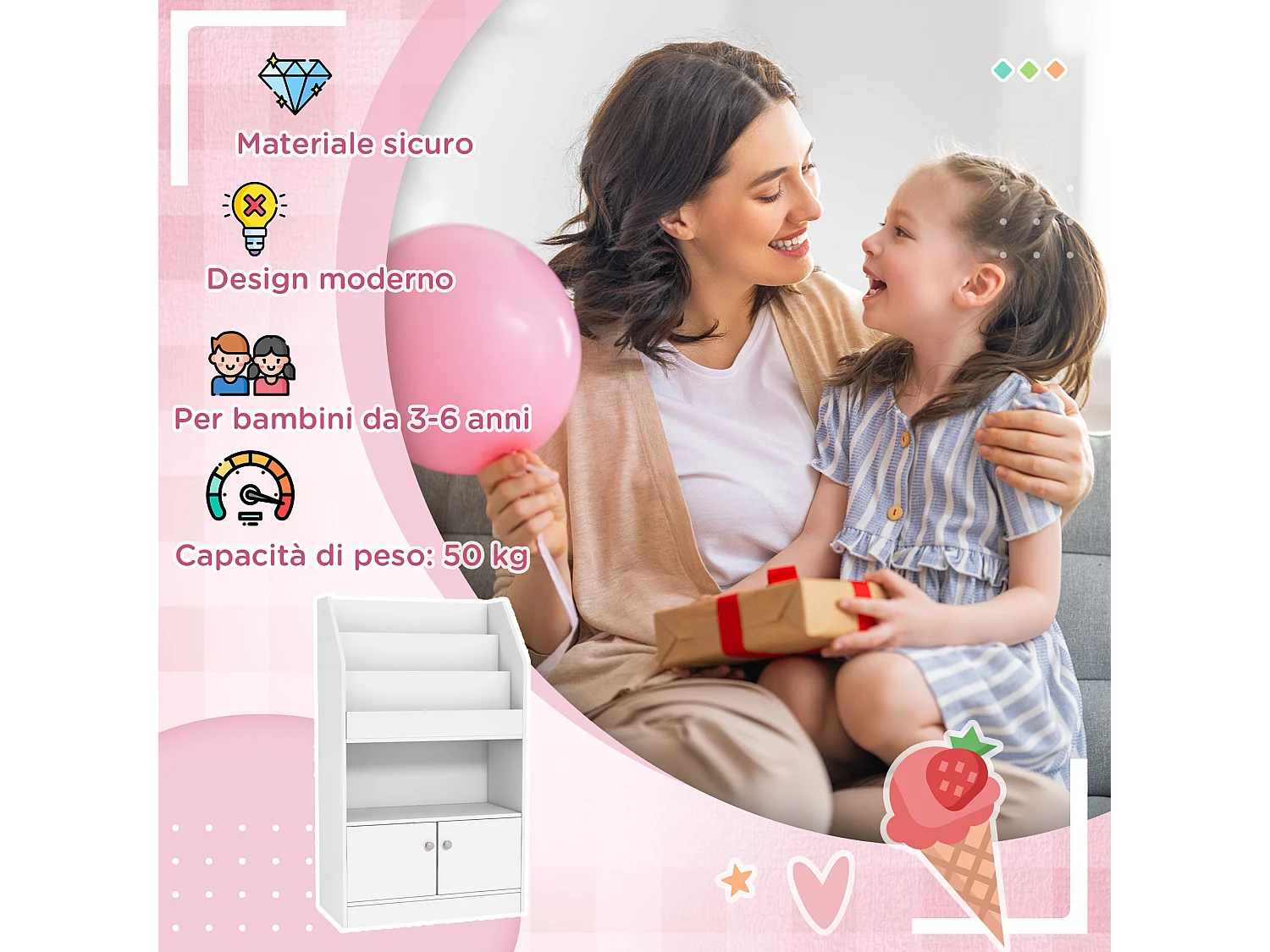 Scaffale portagiochi per bambini con armadietto legno bianco