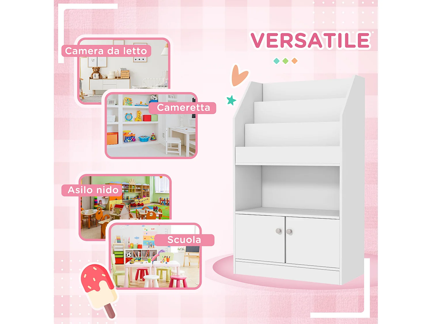 Scaffale portagiochi per bambini con armadietto legno bianco