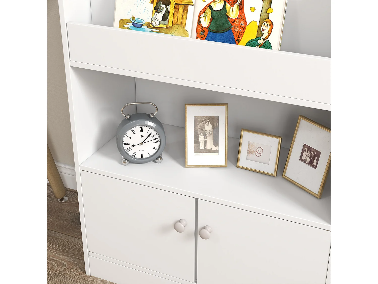 Scaffale portagiochi per bambini con armadietto legno bianco