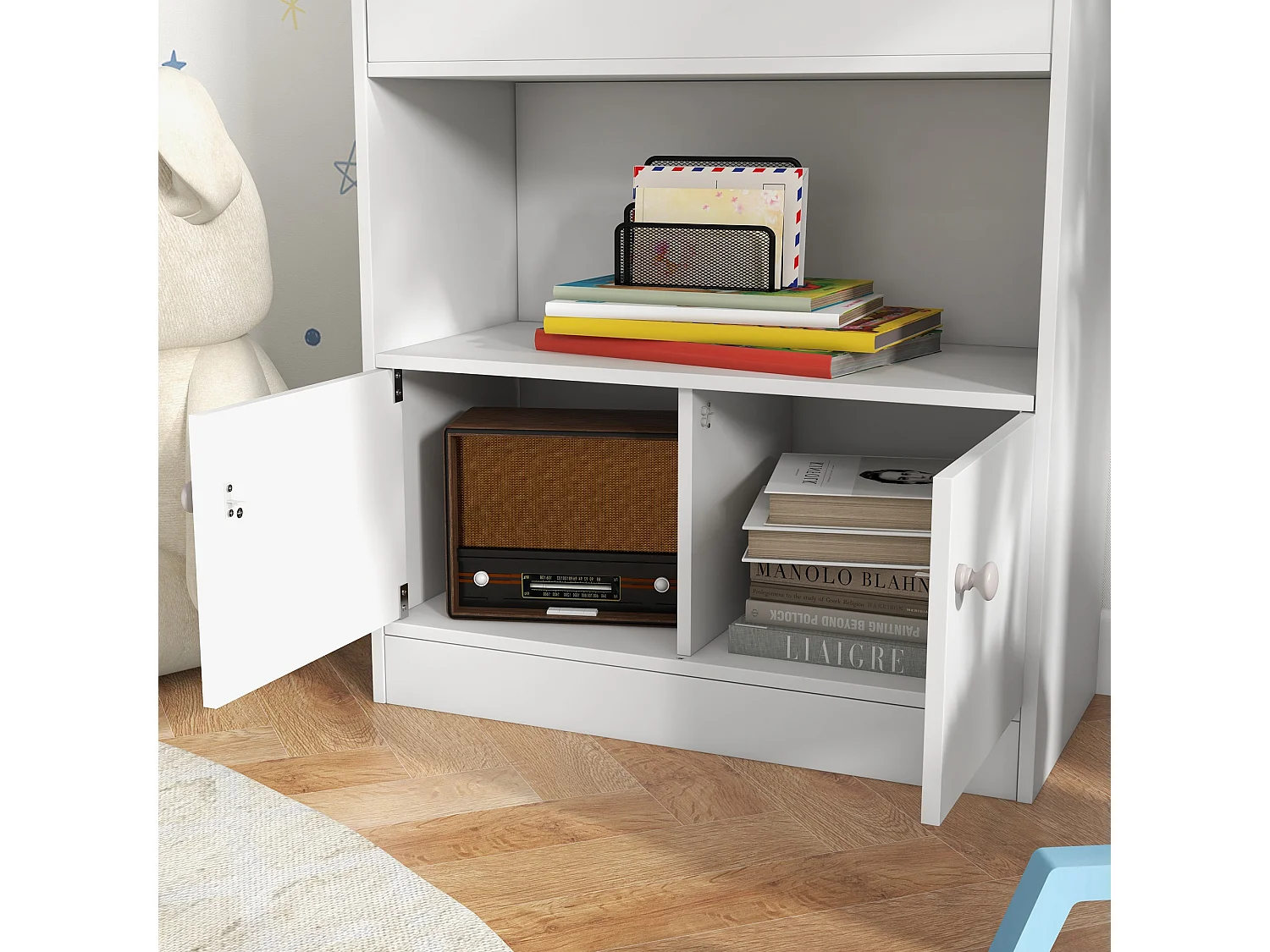 Scaffale portagiochi per bambini con armadietto legno bianco