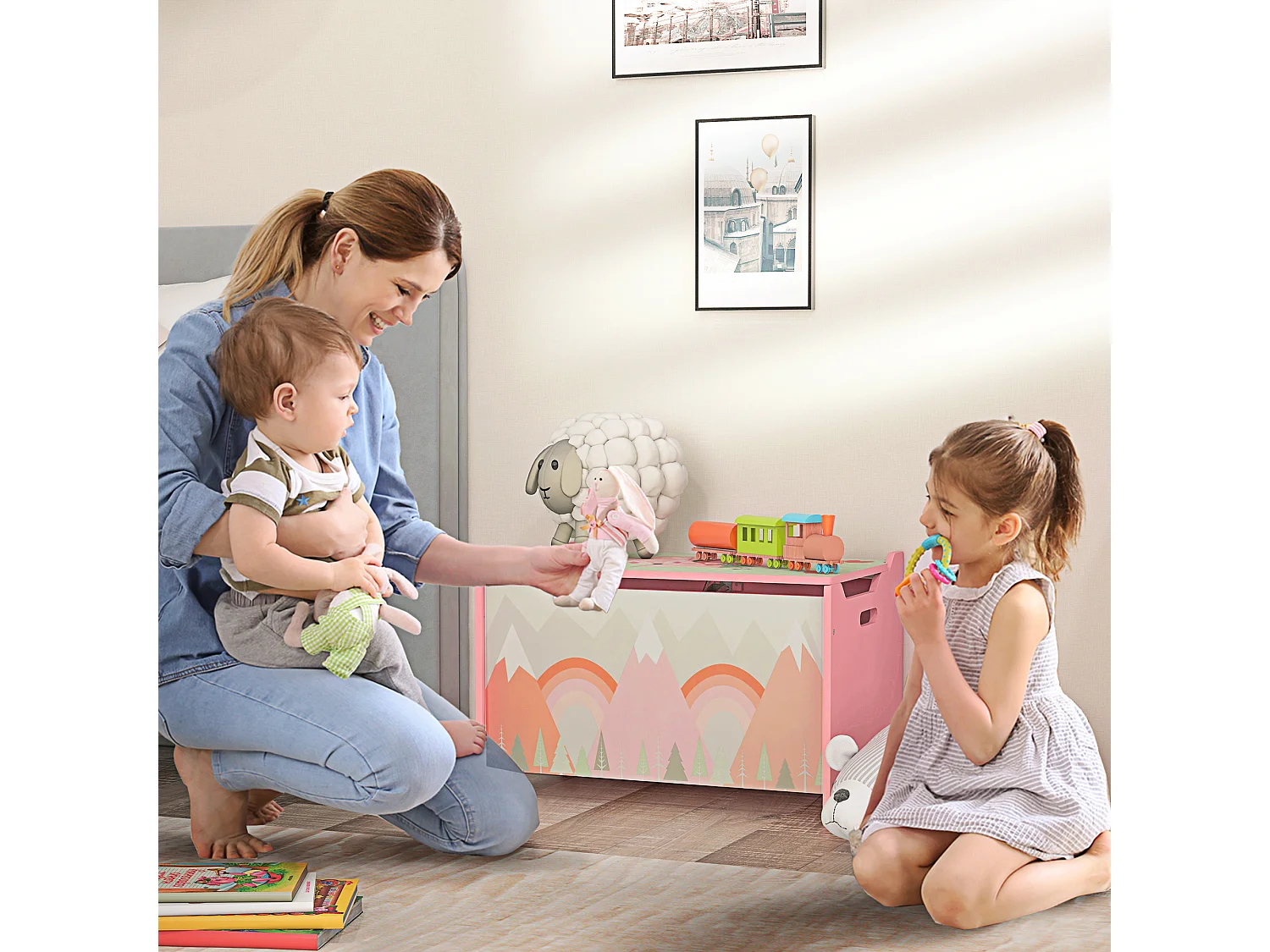 Baule cassapanca portagiochi per bambini in mdf rosa