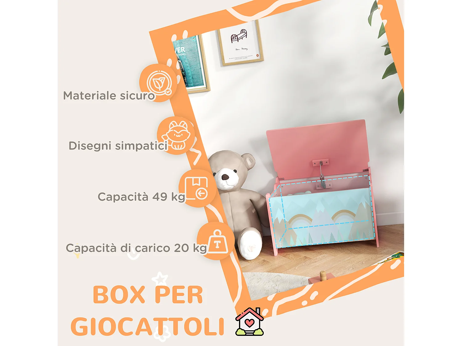 Baule cassapanca portagiochi per bambini in mdf rosa