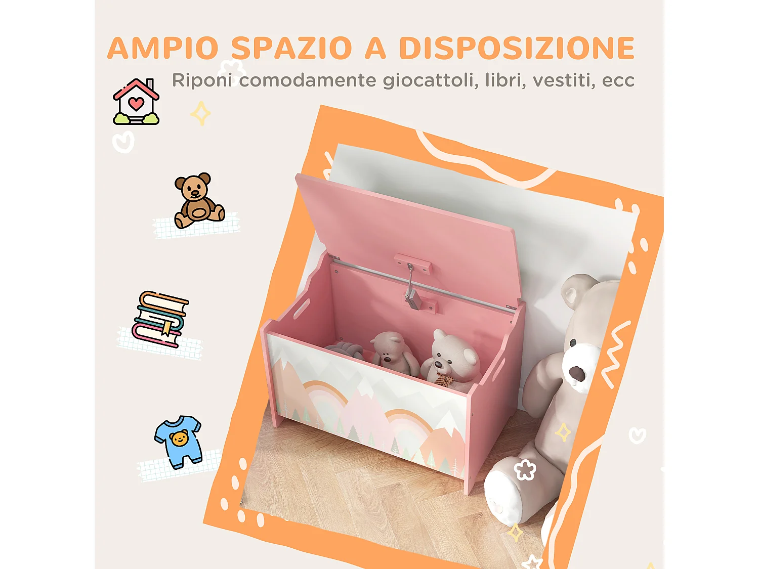 Baule cassapanca portagiochi per bambini in mdf rosa