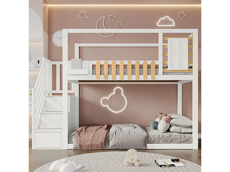 Kinder-Etagenbett - 2 x 90 x 200 cm - mit Fenster + 3 Schließfächer in der Treppe - MDF + Holz - weiß