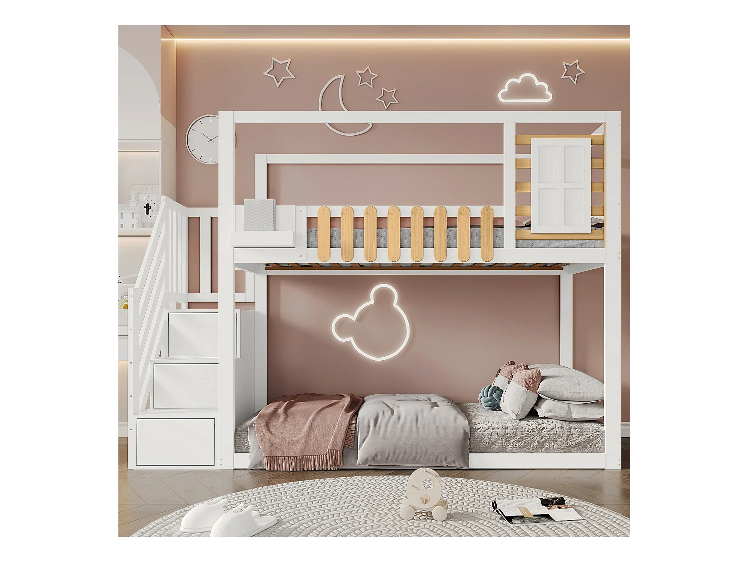Lit superposés enfant - 2 x 90 x 200 cm - avec fenêtre + 3 casiers dans l'escalier - MDF + bois - blanc