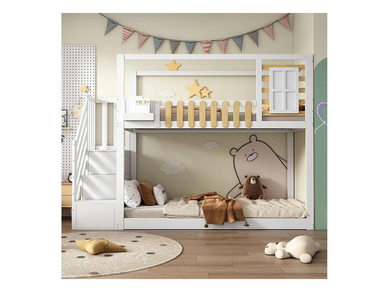 Lit superposés enfant - 2 x 90 x 200 cm - avec fenêtre + 3 casiers dans l'escalier - MDF + bois - blanc