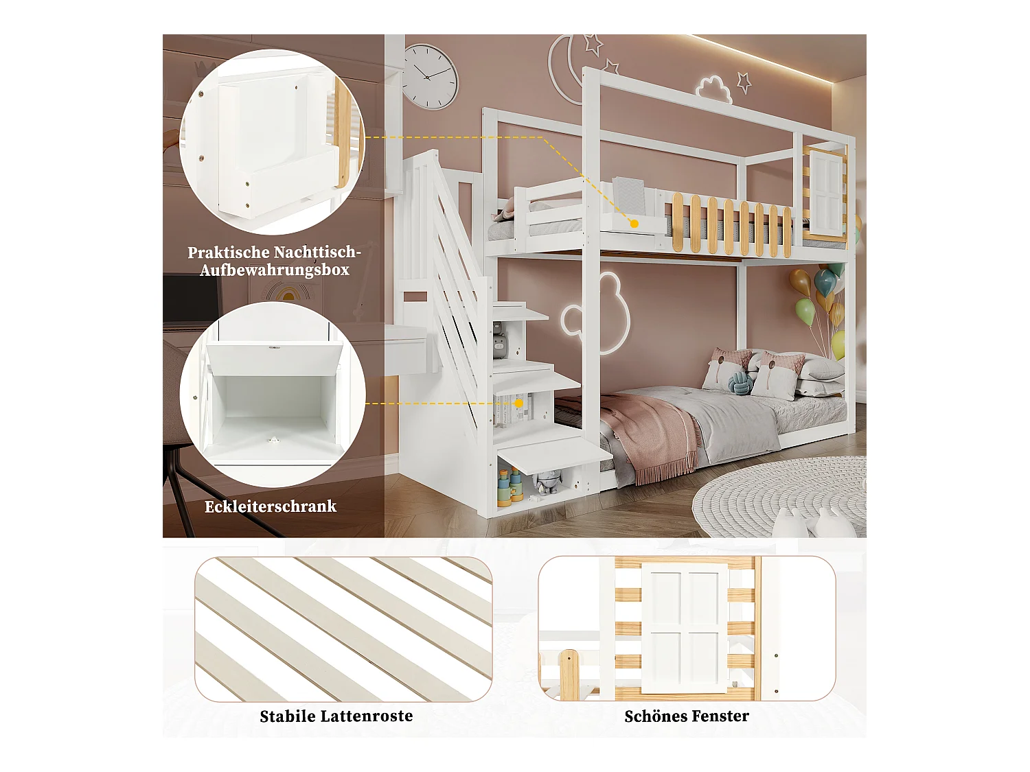 Lit superposés enfant - 2 x 90 x 200 cm - avec fenêtre + 3 casiers dans l'escalier - MDF + bois - blanc