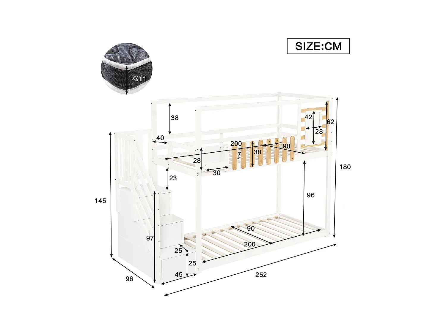 Kinder-Etagenbett - 2 x 90 x 200 cm - mit Fenster + 3 Schließfächer in der Treppe - MDF + Holz - weiß