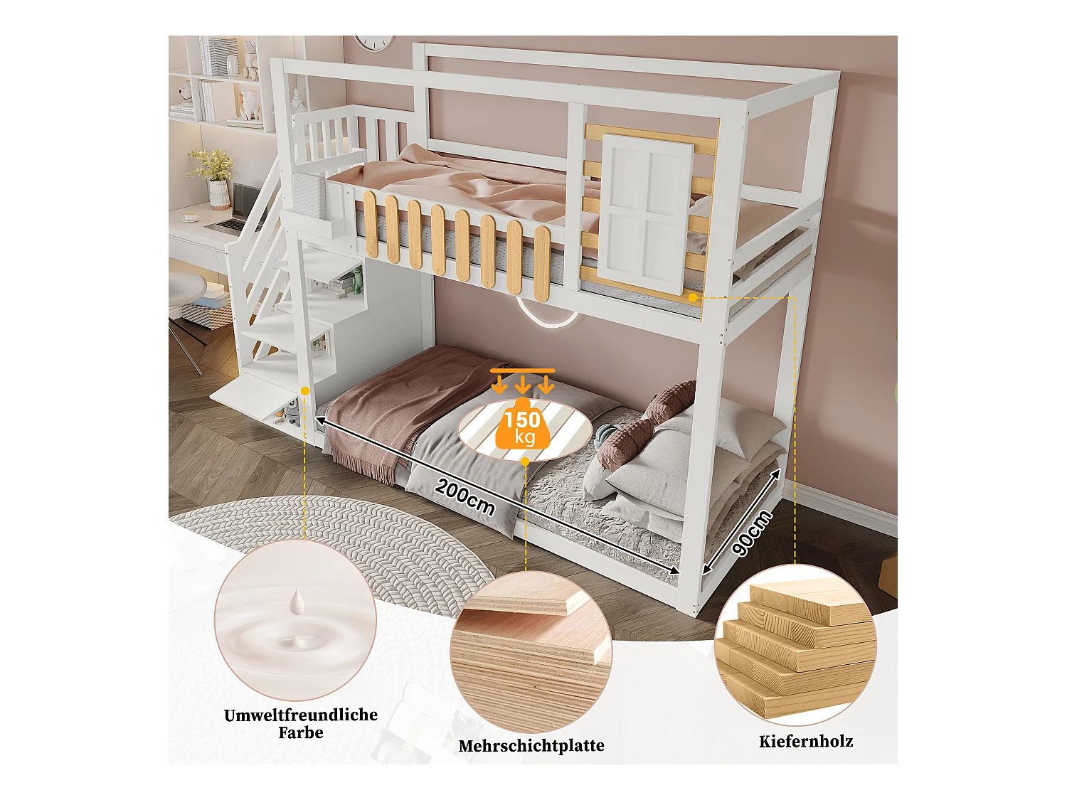 Kinder-Etagenbett - 2 x 90 x 200 cm - mit Fenster + 3 Schließfächer in der Treppe - MDF + Holz - weiß