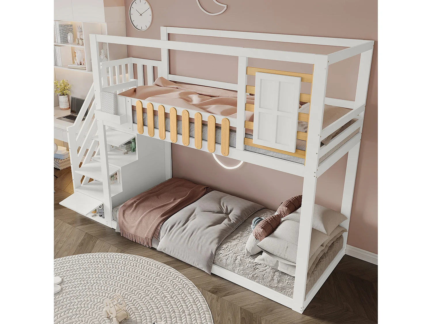 Letto a castello per bambini - 2 x 90 x 200 cm - con finestra + 3 armadietti nelle scale - MDF + legno - bianco