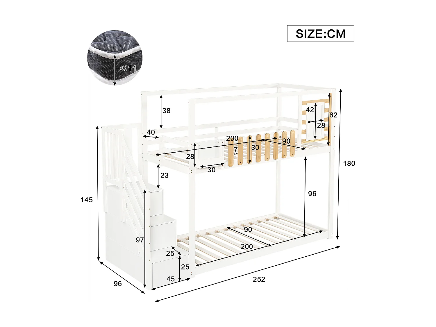 Letto a castello per bambini - 2 x 90 x 200 cm - con finestra + 3 armadietti nelle scale - MDF + legno - bianco