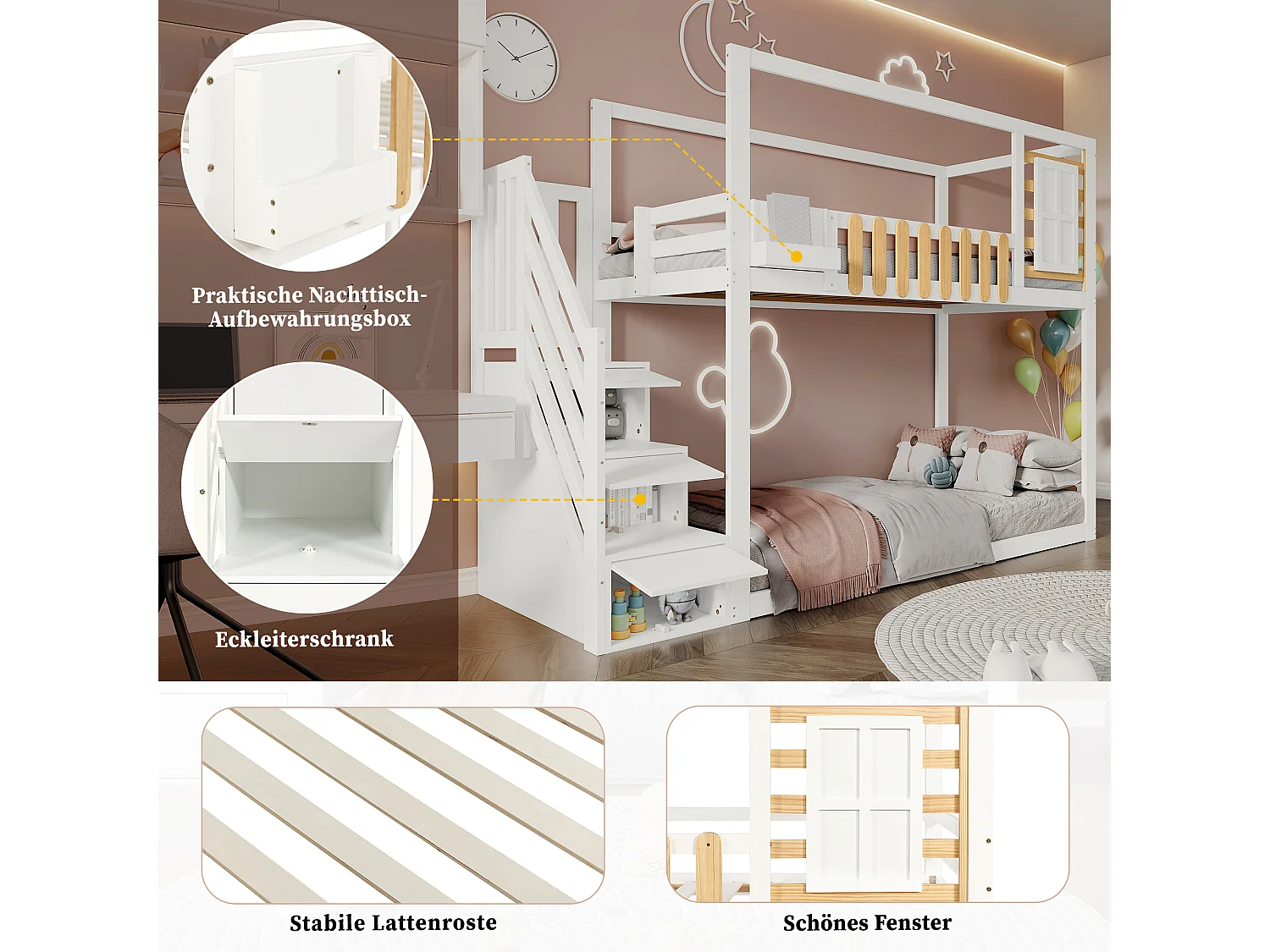 Letto a castello per bambini - 2 x 90 x 200 cm - con finestra + 3 armadietti nelle scale - MDF + legno - bianco