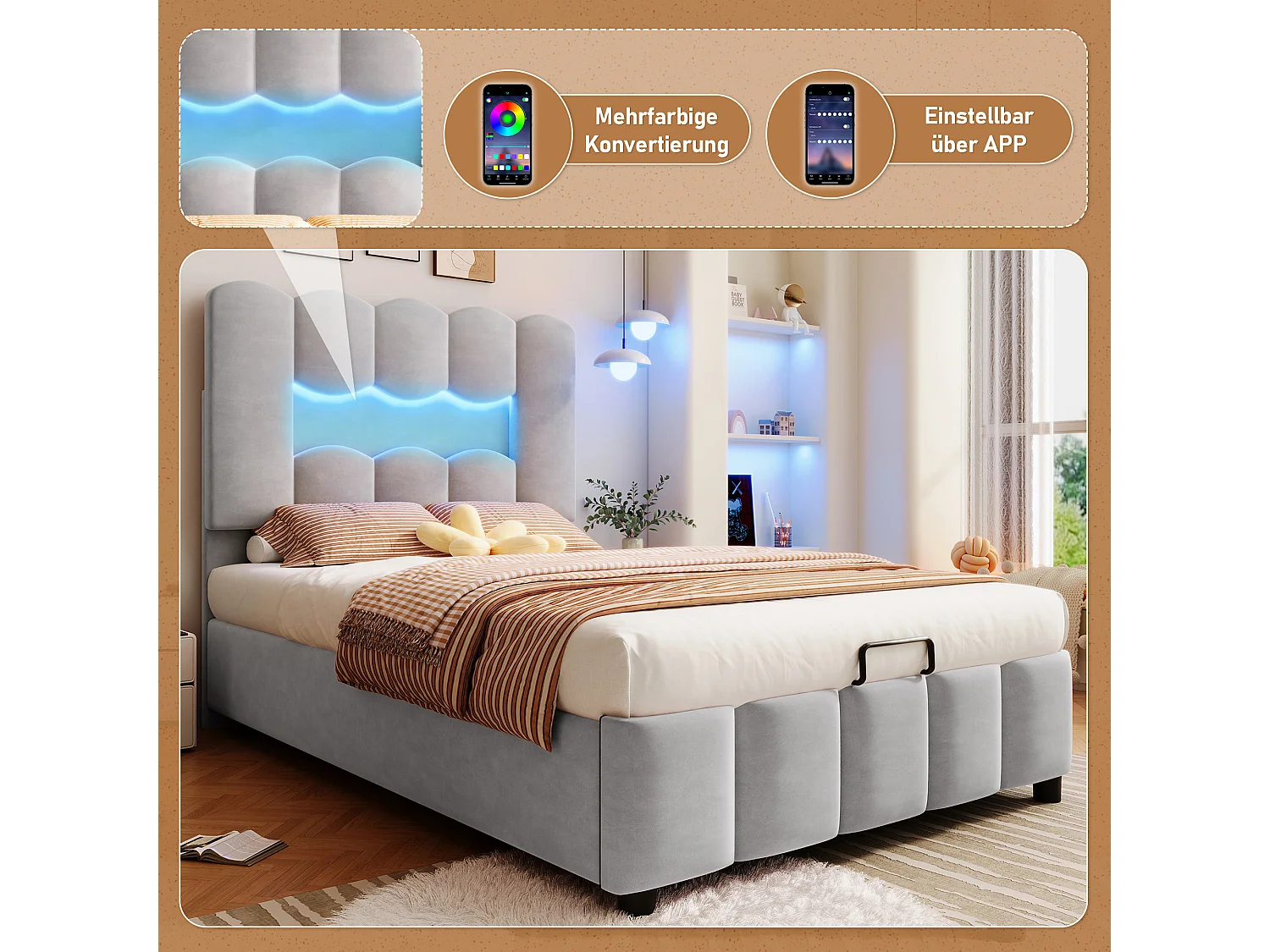 Gestoffeerd opbergbed - 90 x 200 cm - met hydraulische opberging + verstelbaar hoofdeinde - fluweel - grijs