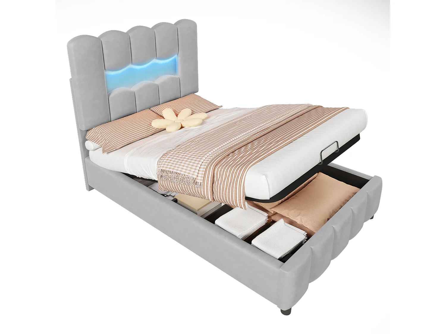 Gestoffeerd opbergbed - 90 x 200 cm - met hydraulische opberging + verstelbaar hoofdeinde - fluweel - grijs