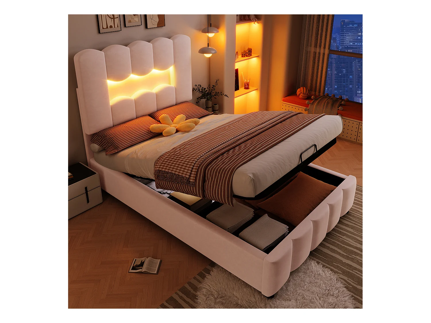 Lit coffre rembourré - 90 x 200 cm - avec rangement hydraulique + tête de lit réglable - velours - rose