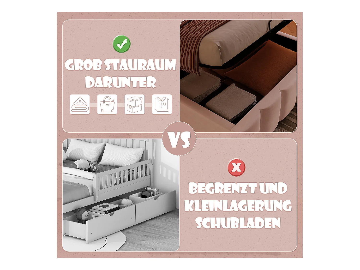 Lit coffre rembourré - 90 x 200 cm - avec rangement hydraulique + tête de lit réglable - velours - rose