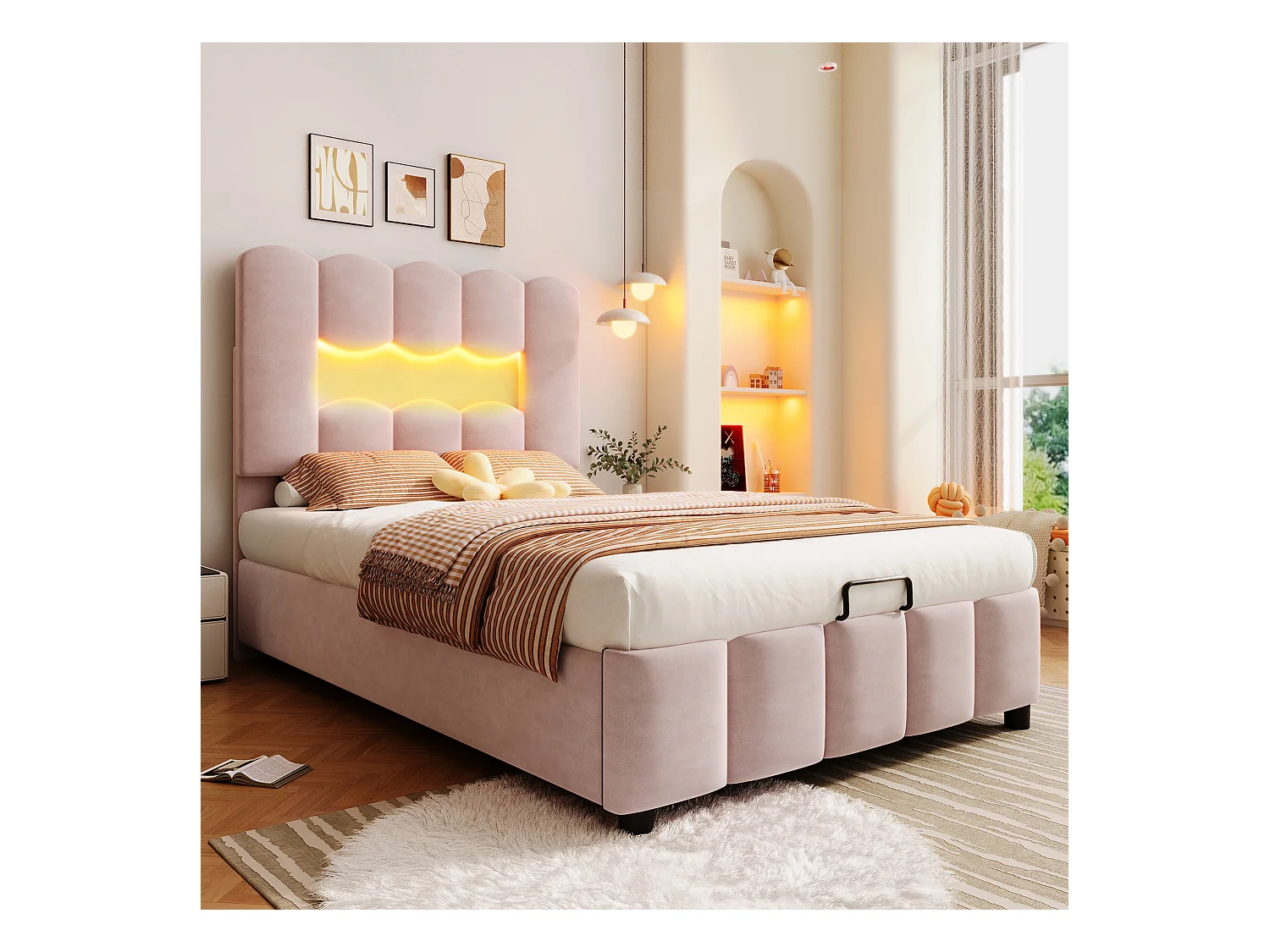 Lit coffre rembourré - 90 x 200 cm - avec rangement hydraulique + tête de lit réglable - velours - rose