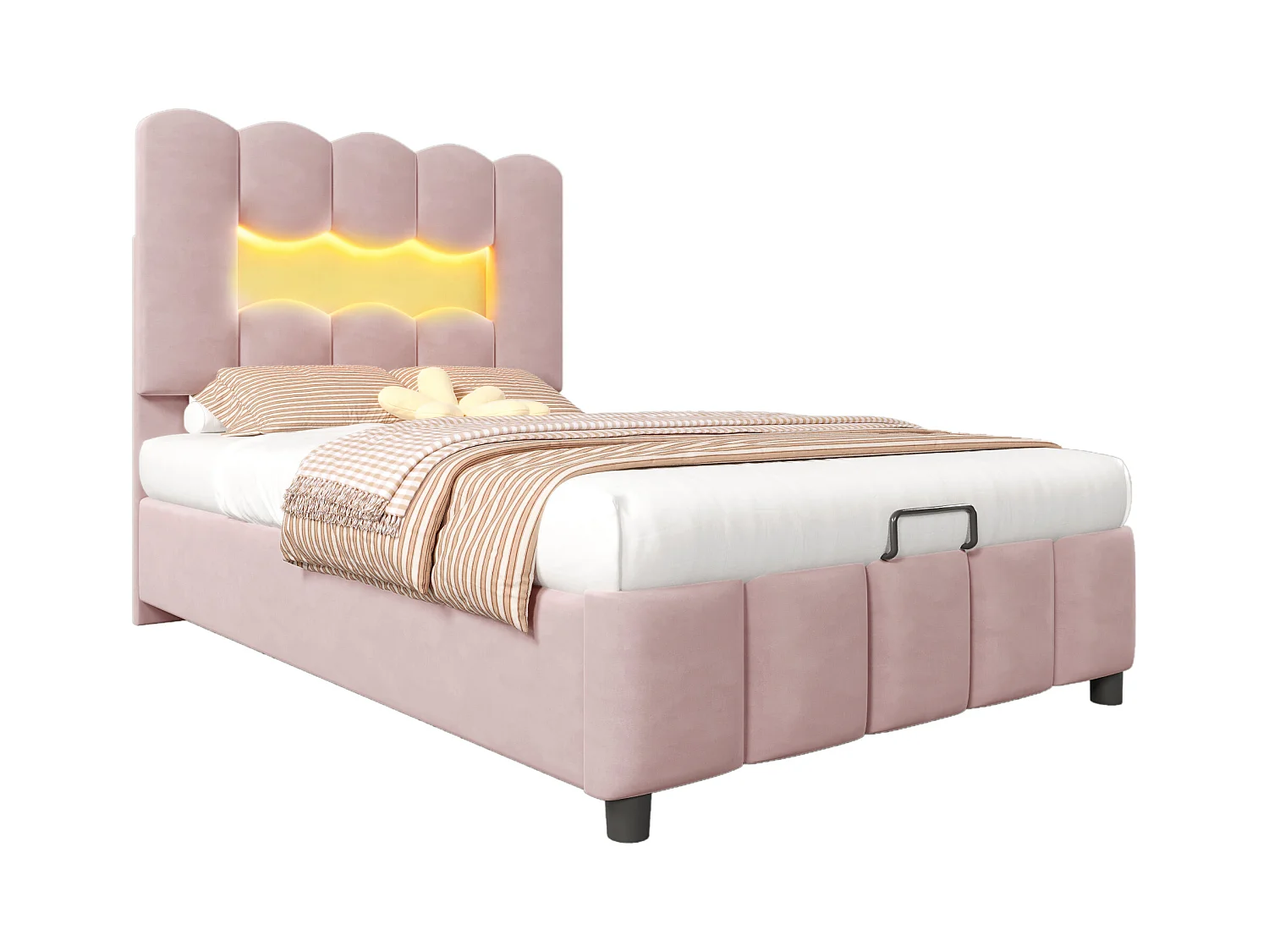 Lit coffre rembourré - 90 x 200 cm - avec rangement hydraulique + tête de lit réglable - velours - rose