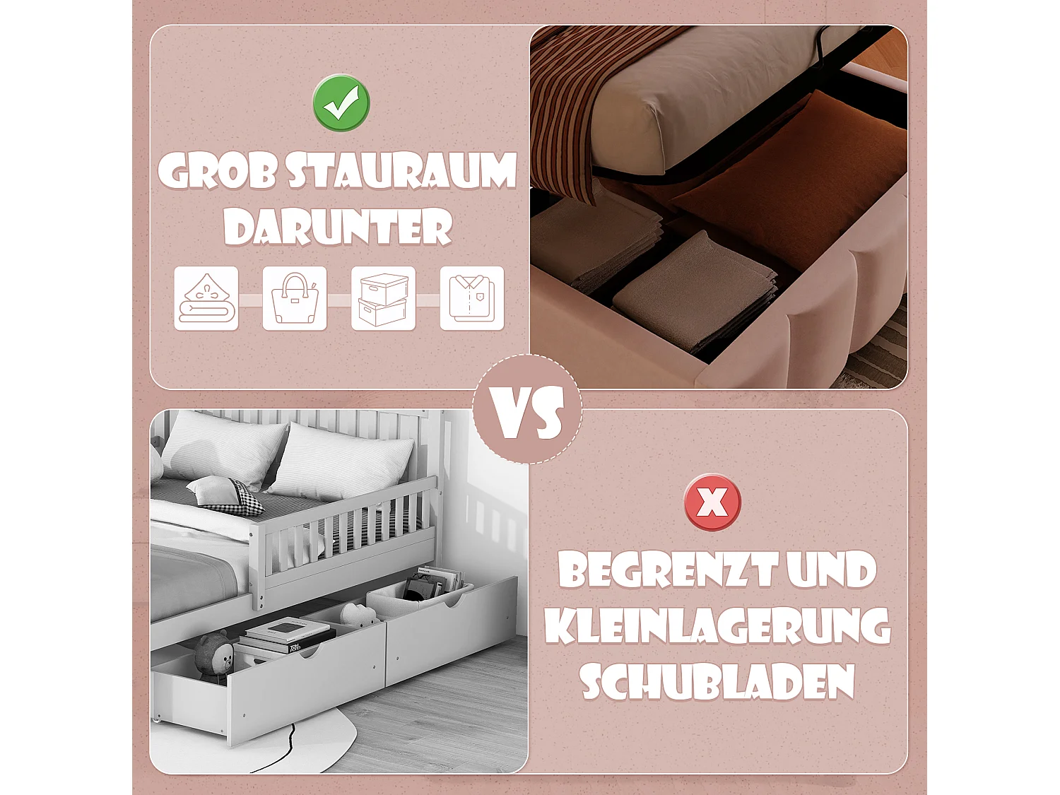 Lit coffre rembourré - 90 x 200 cm - avec rangement hydraulique + tête de lit réglable - velours - rose