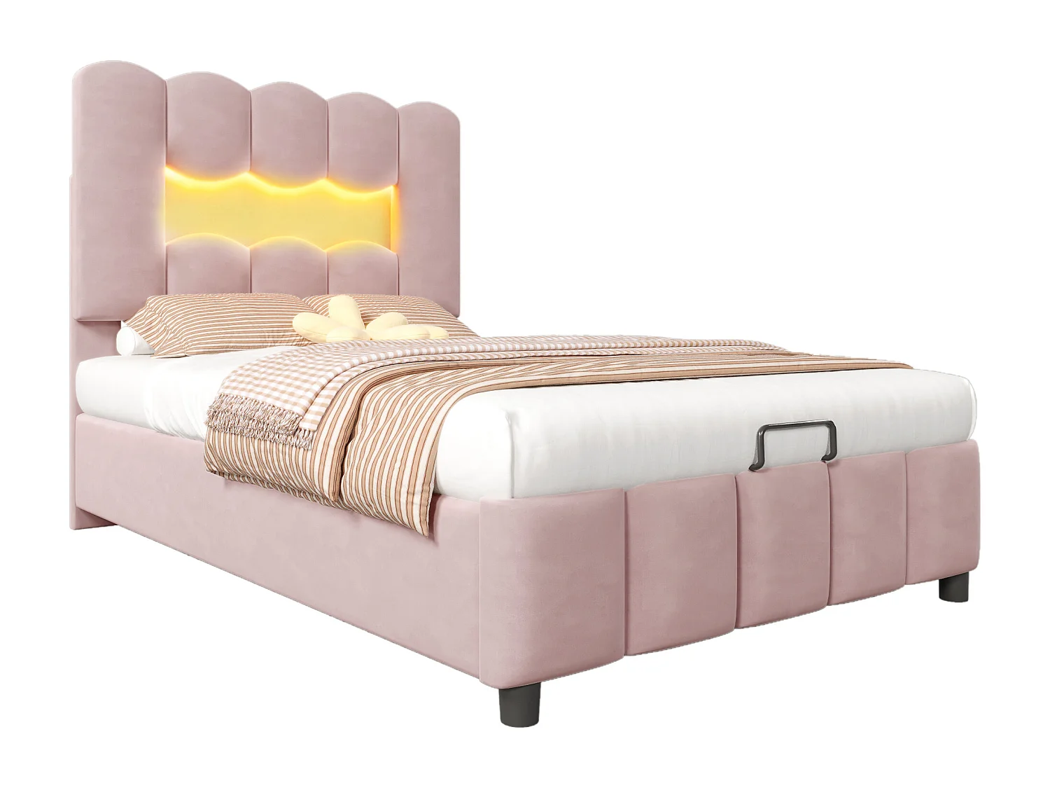 Lit coffre rembourré - 90 x 200 cm - avec rangement hydraulique + tête de lit réglable - velours - rose