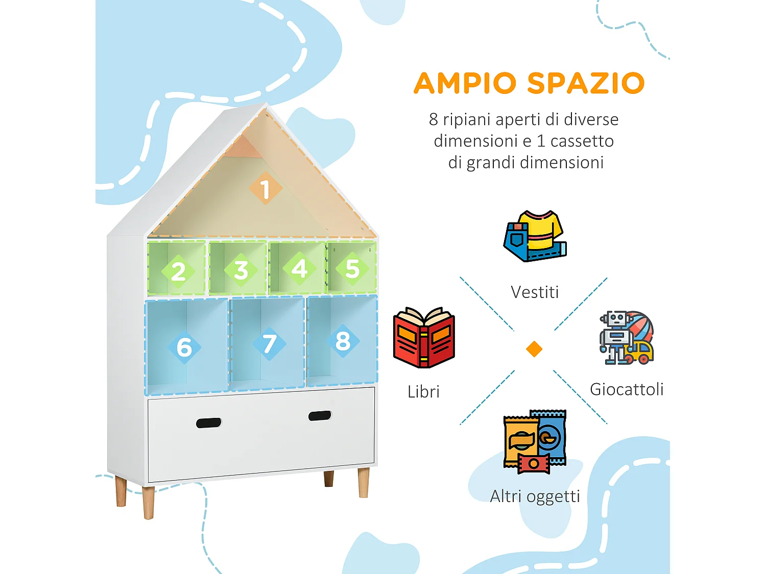 Libreria scaffale portagiochi per bimbi e ragazzi mdf azzurra rosa