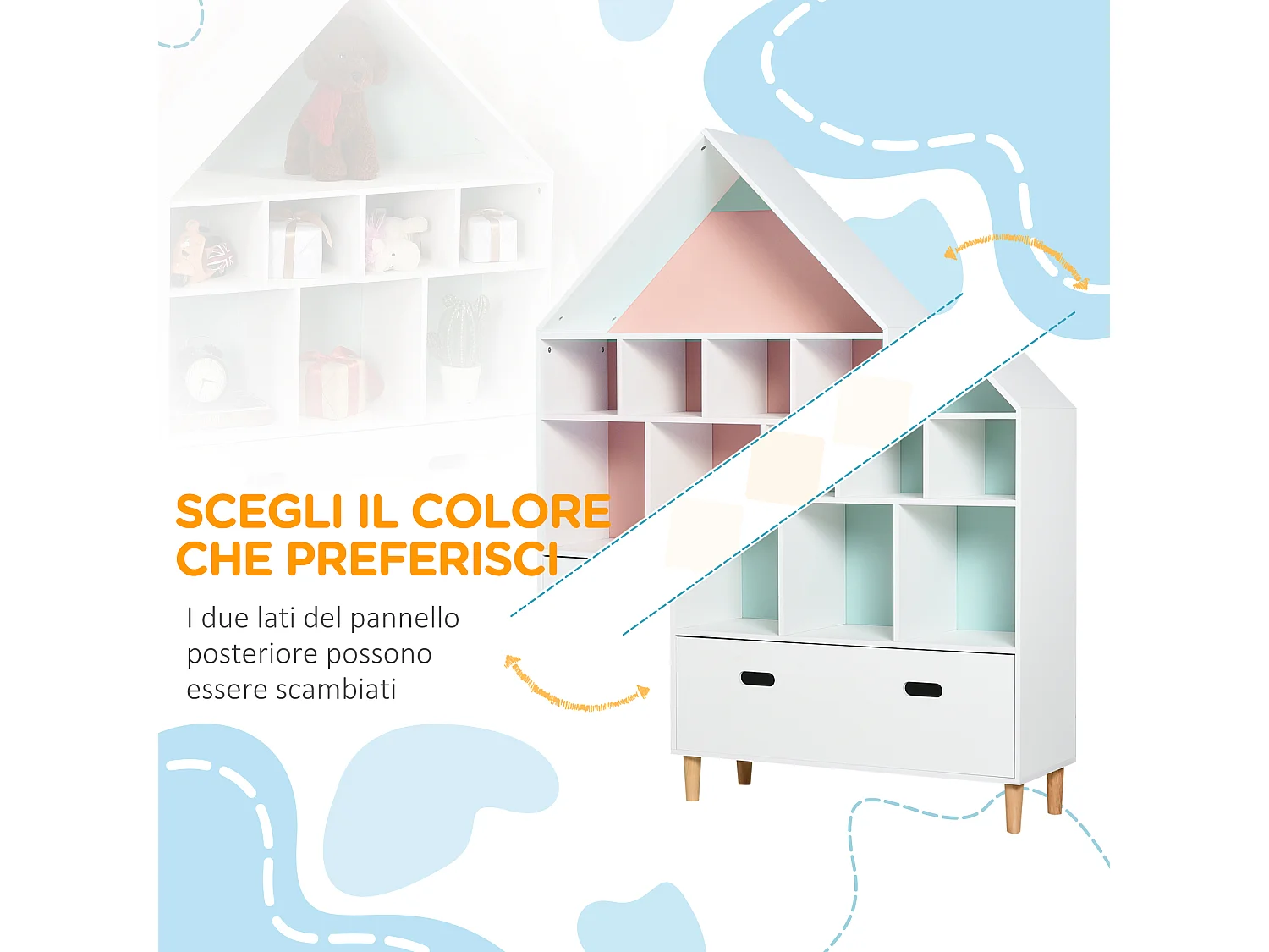 Libreria scaffale portagiochi per bimbi e ragazzi mdf azzurra rosa