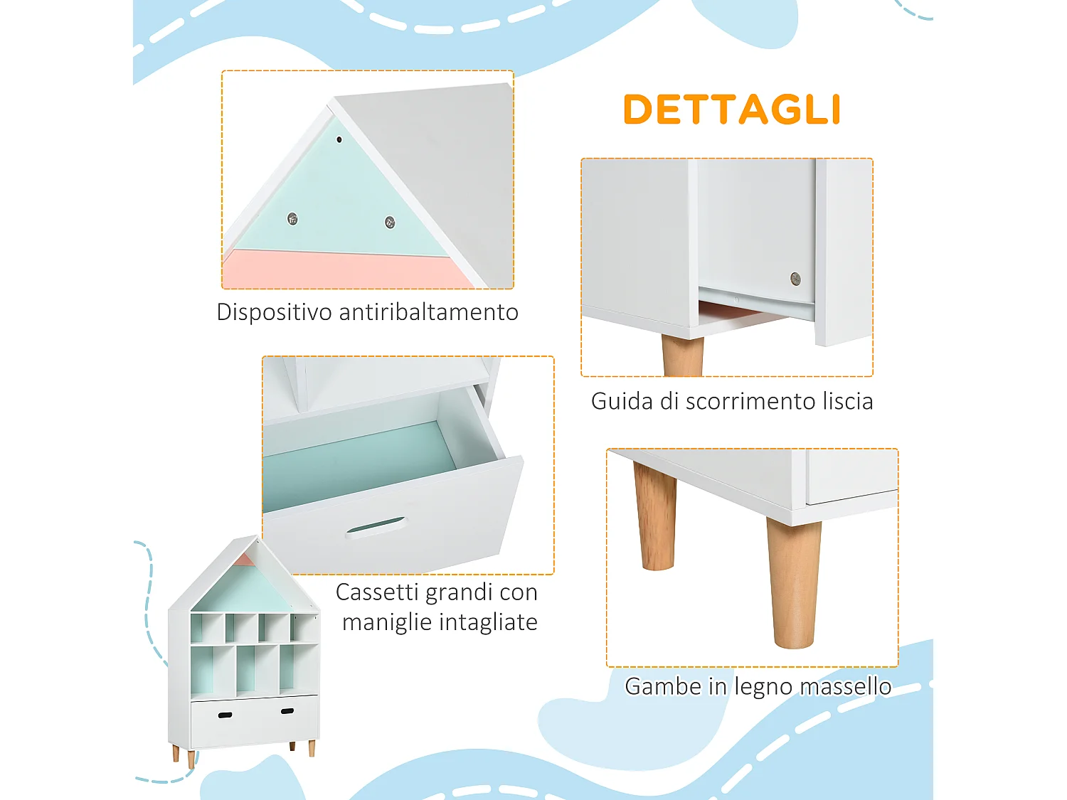 Libreria scaffale portagiochi per bimbi e ragazzi mdf azzurra rosa