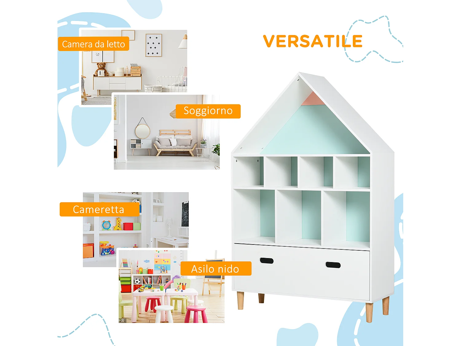 Libreria scaffale portagiochi per bimbi e ragazzi mdf azzurra rosa