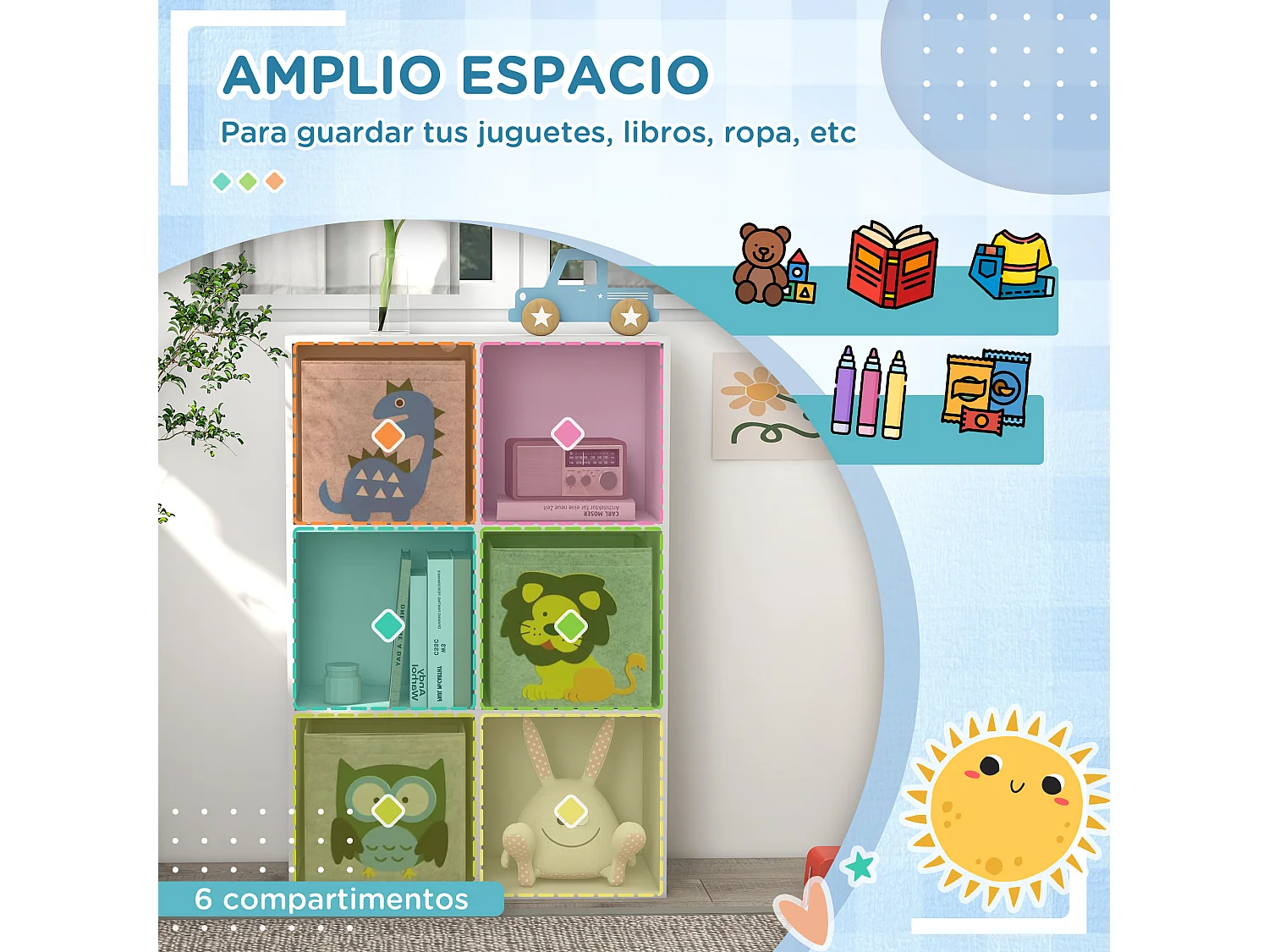 Scaffale portagiochi per bambini a 6 cubi grigio e bianco