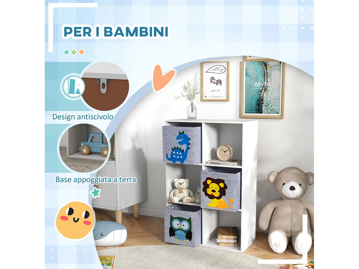 Scaffale portagiochi per bambini a 6 cubi grigio e bianco